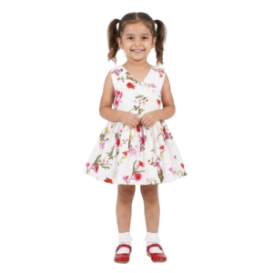 PM Baby Girls V Neck White Printed Crepe Frock